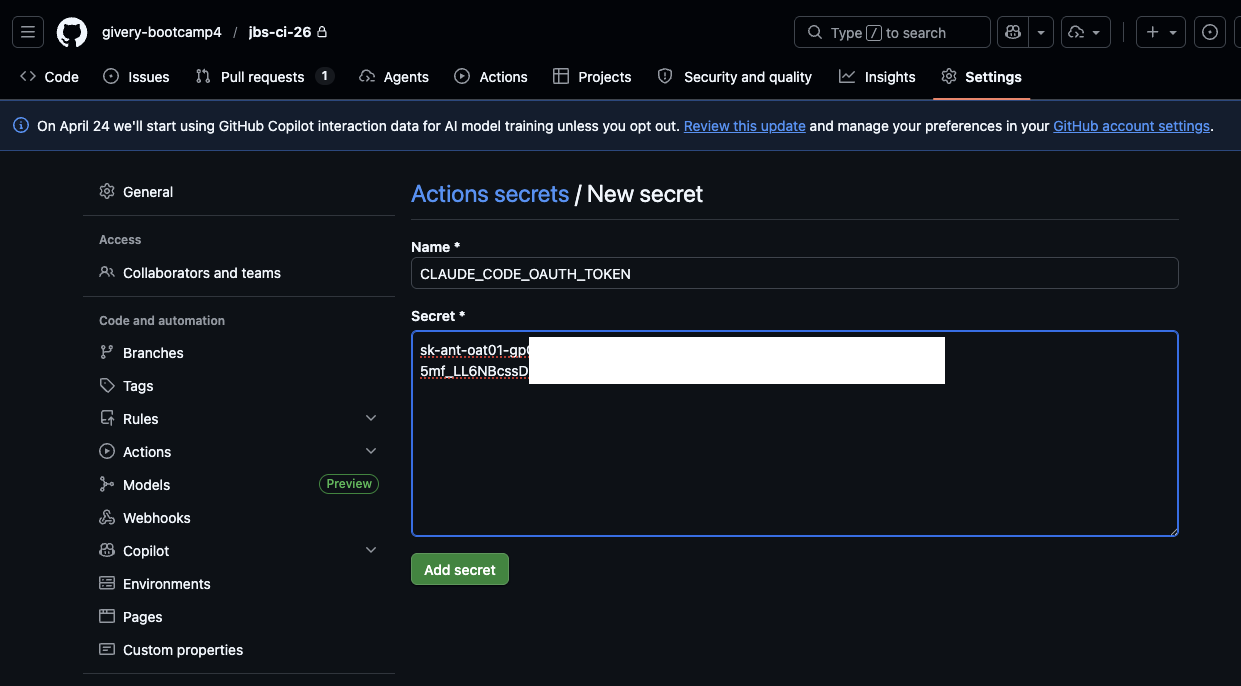 New repository secret の登録画面 (CLAUDE_CODE_OAUTH_TOKEN を入力した状態)